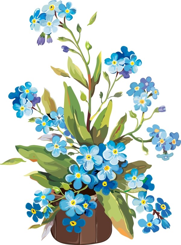 卡通矢量手绘水彩蓝色花盆商业插画设计元素