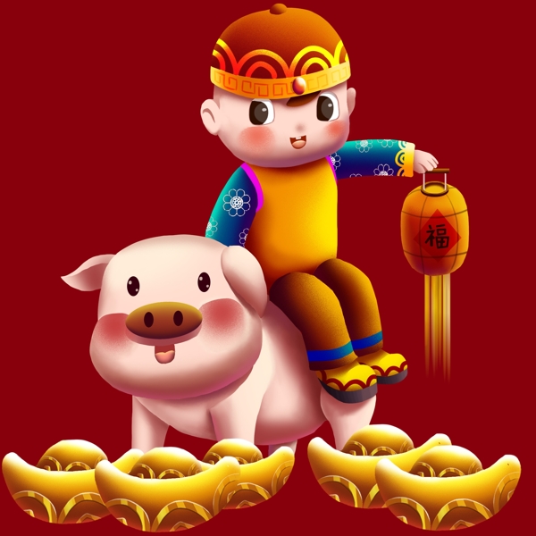 猪年主题骑猪童子手绘免抠元素