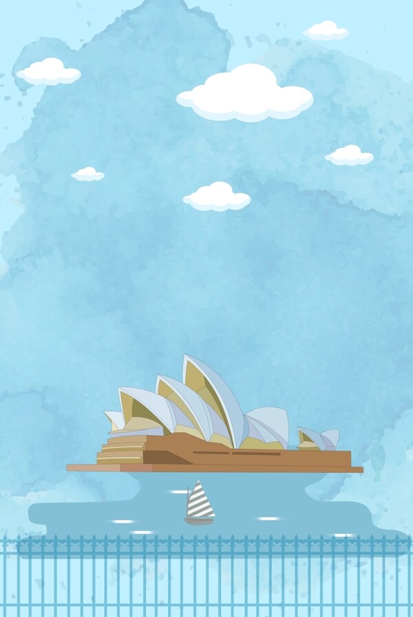 蓝色卡通悉尼歌剧院暑假旅游景点