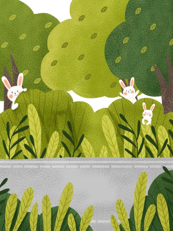 手绘夏季树林小兔背景素材
