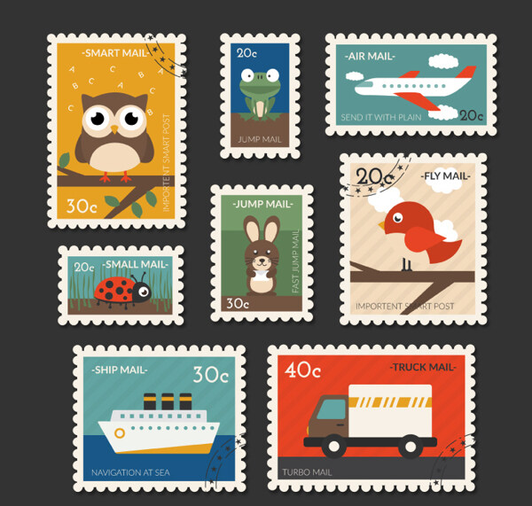 旅行与动物邮票矢量图