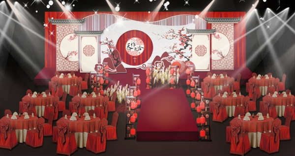 红色徽式新中式婚礼效果图