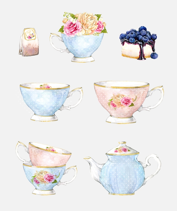 玫瑰茶壶下午茶唯美手绘水彩PS素材