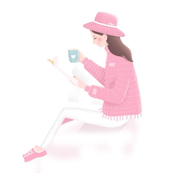 拿着咖啡坐着看书的女孩图案元素