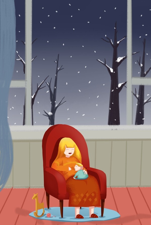 冬日温暖室内母婴插画海报