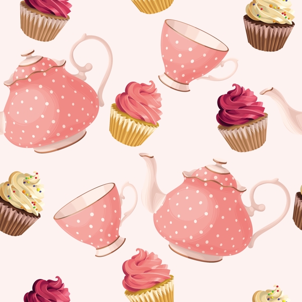 粉色系卡通茶会蛋糕矢量纹理背景