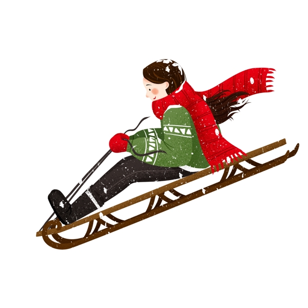 大雪中坐着雪橇滑雪的女孩