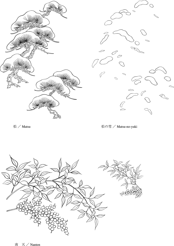 日本的植物花卉矢量素材46棵松树绘制雪南天