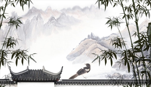 水墨山水竹子中式背景墙