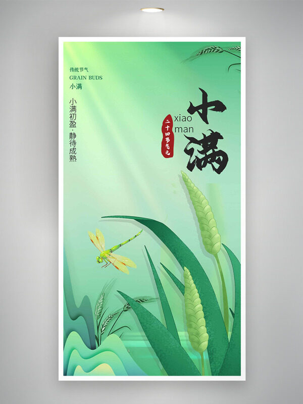 小满初盈静待成熟绿色背景蜻蜓麦穗插画节气海报
