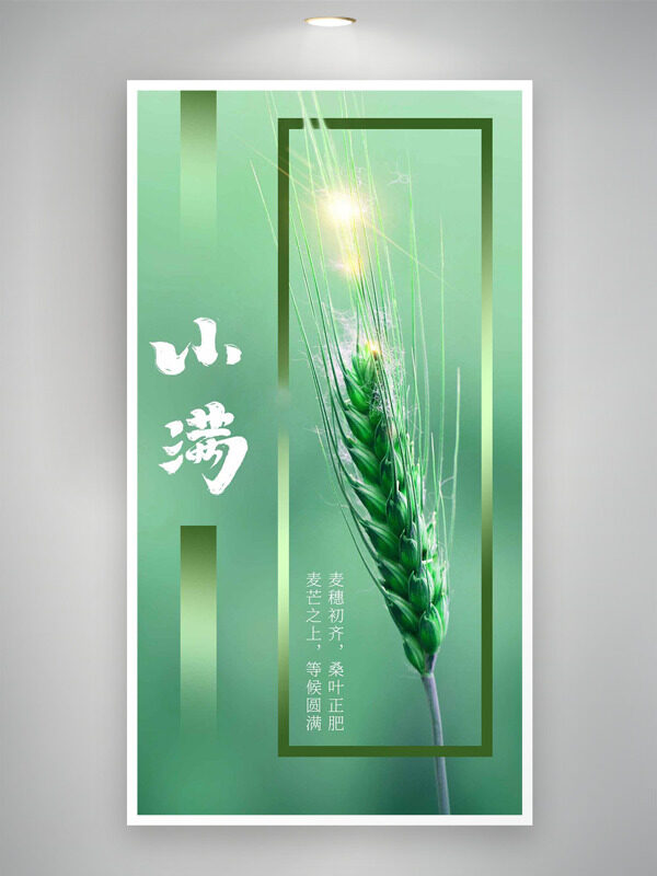 简约绿色光效背景麦穗插画小满节气海报