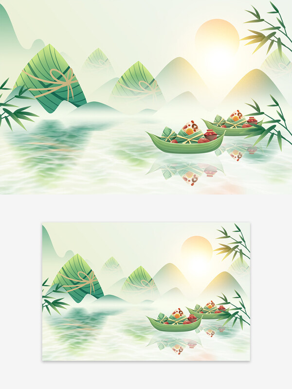 创意中式清新淡雅山水画端午节背景