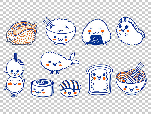 创意手绘蓝色线条卡通甜品饭团食物插画
