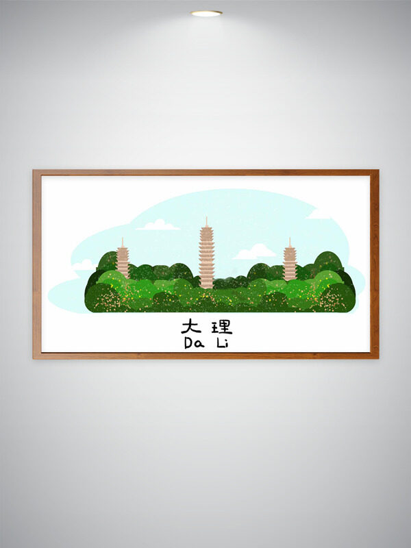 手绘大理自然风光和高耸塔楼插画