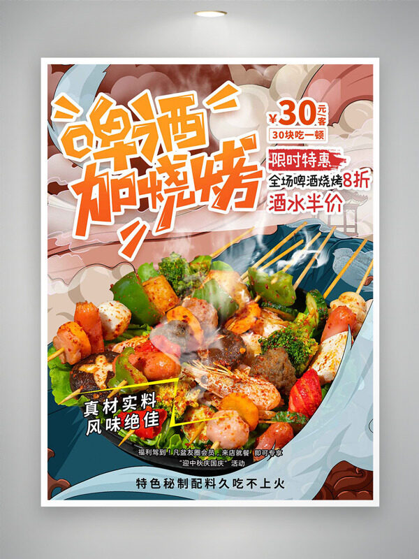 啤酒加烧烤特色秘制风味美食促销海报