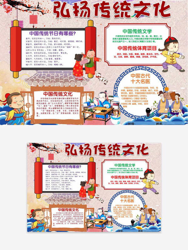 中式传统卡通人物弘扬传统文化主题手抄报