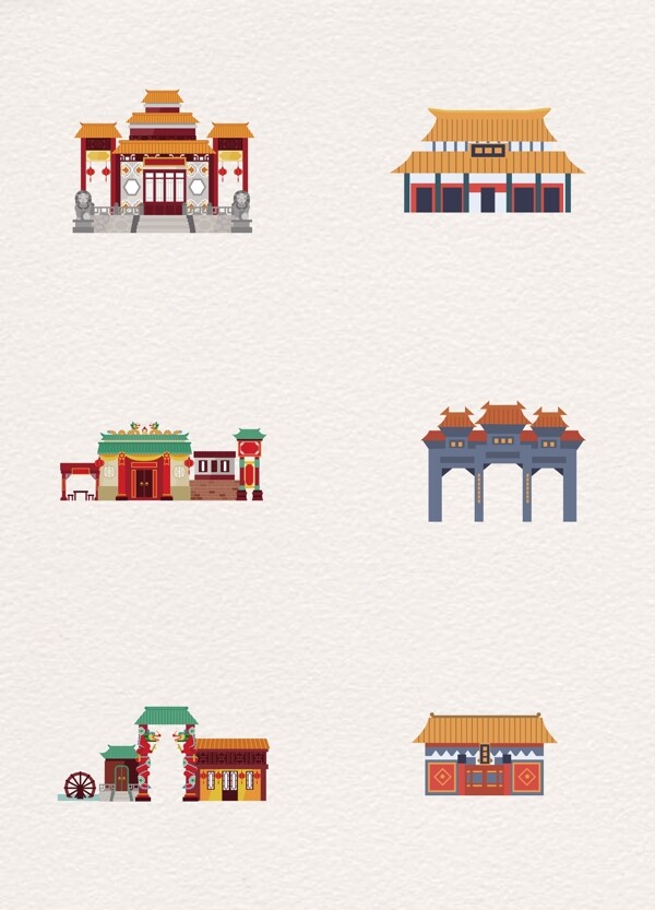 中国古代建筑卡通扁平化素材
