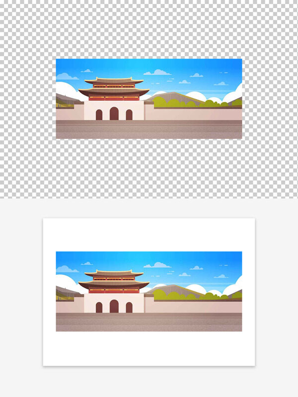 传统中式建筑巍峨宫门城墙插画