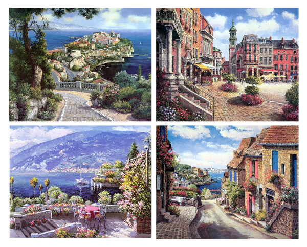 西欧海边城镇高清四宫格现代风景油画