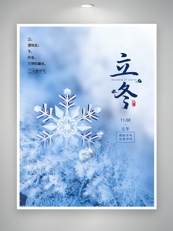 银装素裹冰晶雪花插画立冬传统节气海报