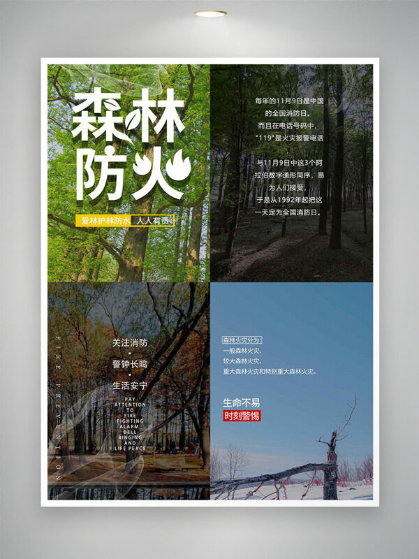 生命不易时刻警惕森林防火全国消防日海报