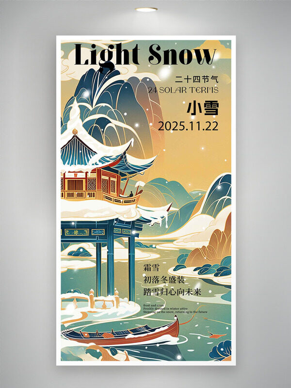 国潮风创意手绘亭子插画小雪节气海报
