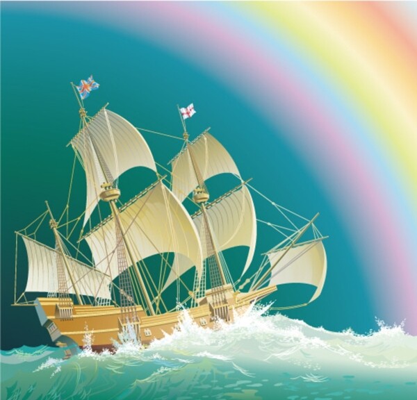 彩虹帆船海浪风景素材图片