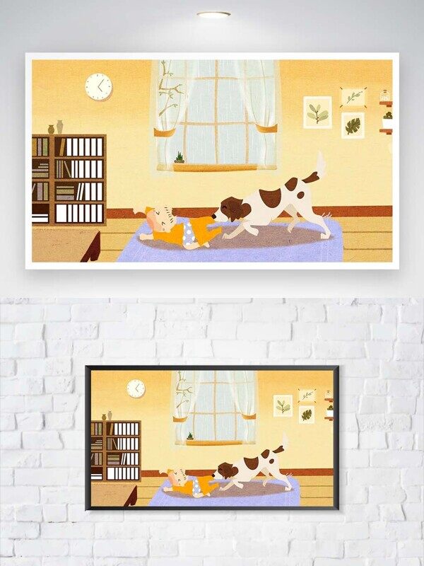 卡通小狗咬着小孩子裤子在地毯上玩耍