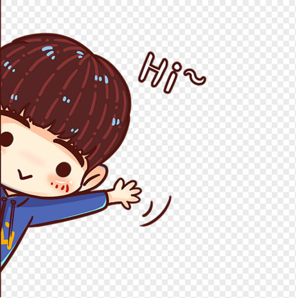 卡通手绘棕色头发小男孩扒墙角打招呼Hi小朋友元素