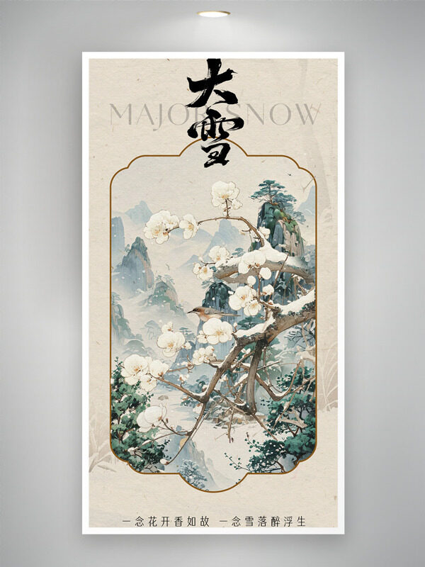  古风文艺大雪节气手绘远山腊梅主题海报