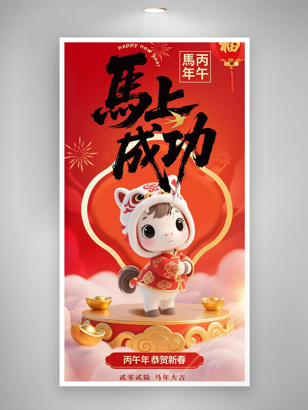 马上成功红色喜庆背景卡通马形象节日海报