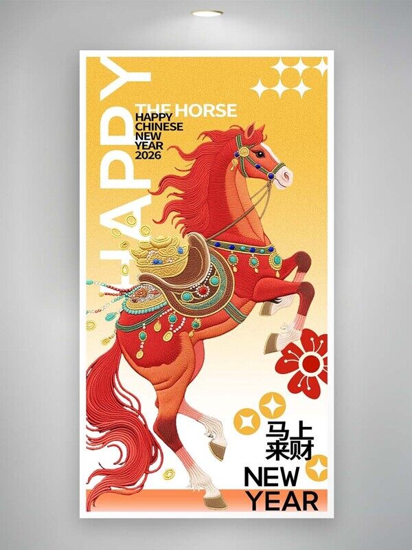 马上来财新年快乐红色背着金钱的马海报