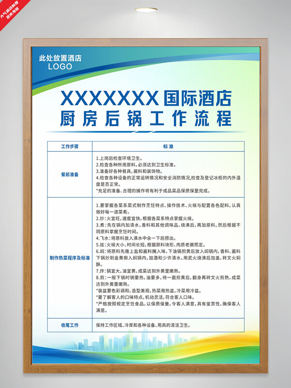 绿色渐变酒店厨房后锅工作流程制度海报