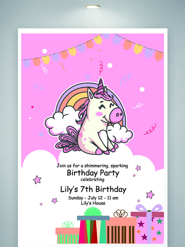 紫色背景卡通独角兽星星图案生日邀请函