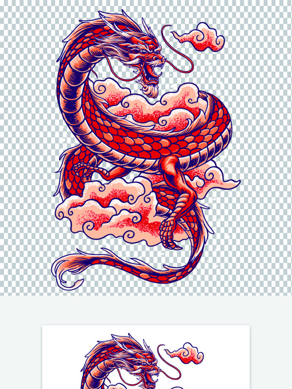 国潮风手绘祥云红色龙动漫插画