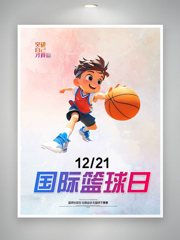 暖色渐变卡通人物插画1221国际篮球日海报