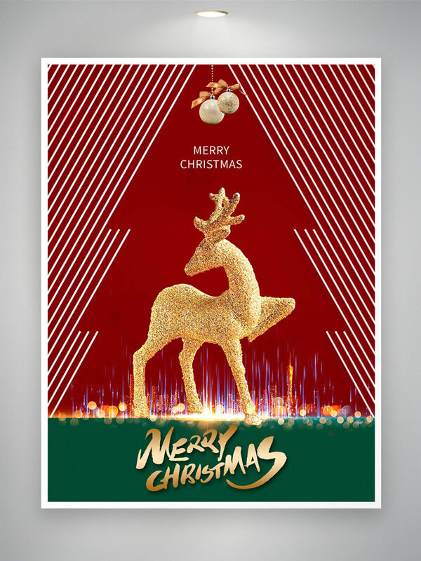 金色麋鹿插画红蓝背景圣诞节海报