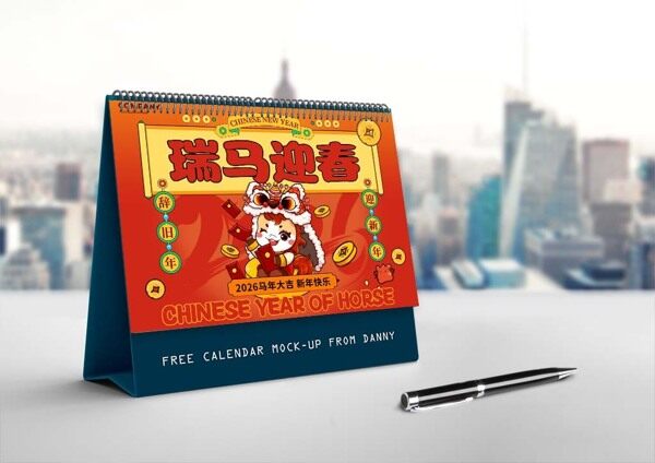 2026辞旧年瑞马迎春红橙渐变台历封面