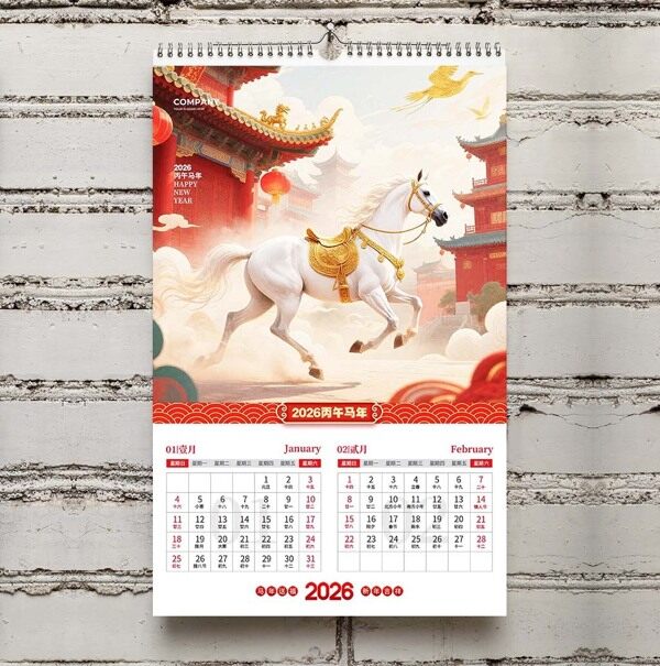 白马奔向新一年2026年一月二月红色建筑日历