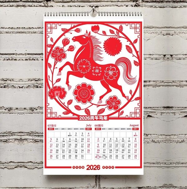 圆形国风红色奔驰骏马窗花马年七月八月台历