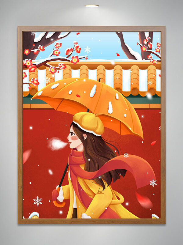 中国风手绘女孩雪中撑伞红色意境插画