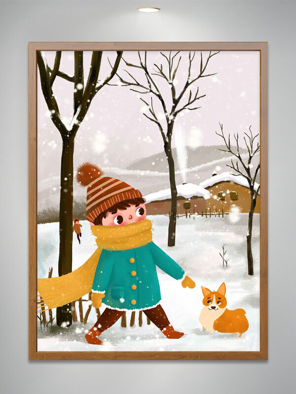 可爱卡通男生小柯基雪地漫步插画