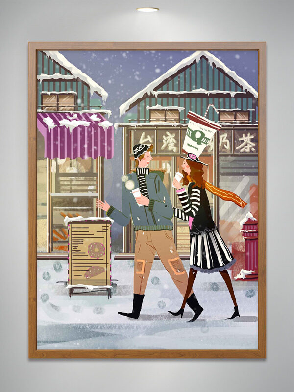 冬日街头手绘卡通情侣逛街插画