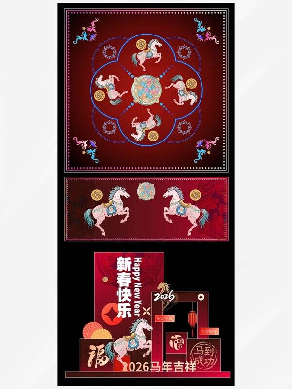 2026彩色马年方形背景新春快乐吉祥立体美陈展架