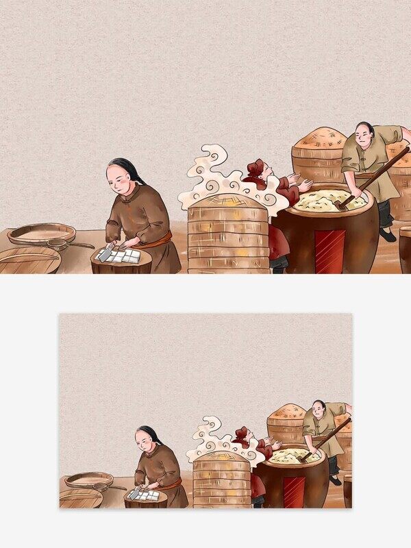 古代男人大缸和面包包子蒸笼冒烟美食插画