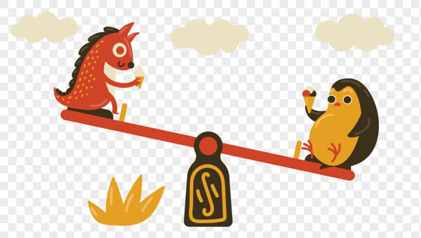 卡通红色线条小恐龙黑黄小企鹅吃冰淇淋玩跷跷板插画