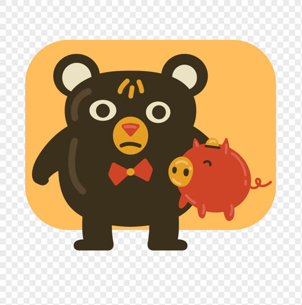 手绘黄背景黑熊抱着红色小猪存钱罐卡通插画