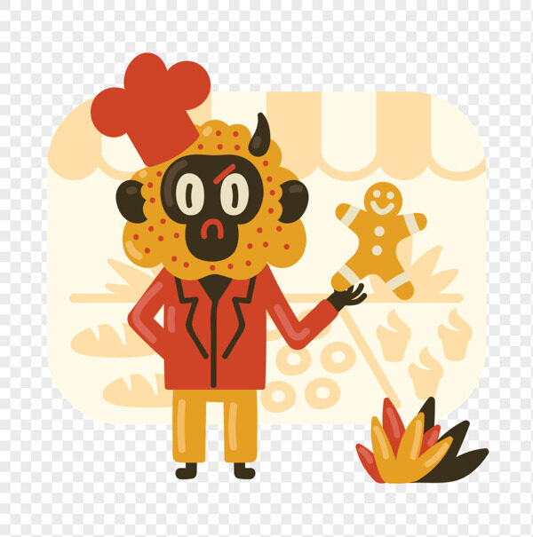 手绘卡通黑脸黄毛狮子山羊厨师场景插画