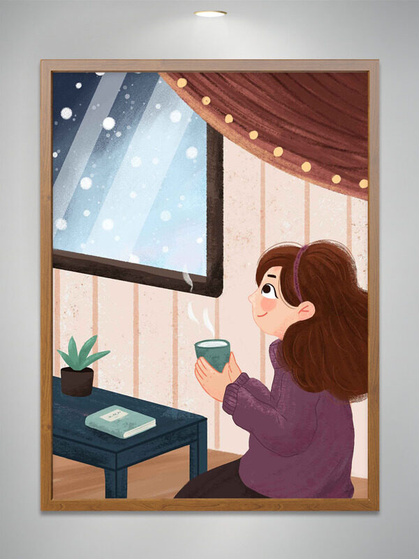 简约室内卡通人物抬头看星星插画