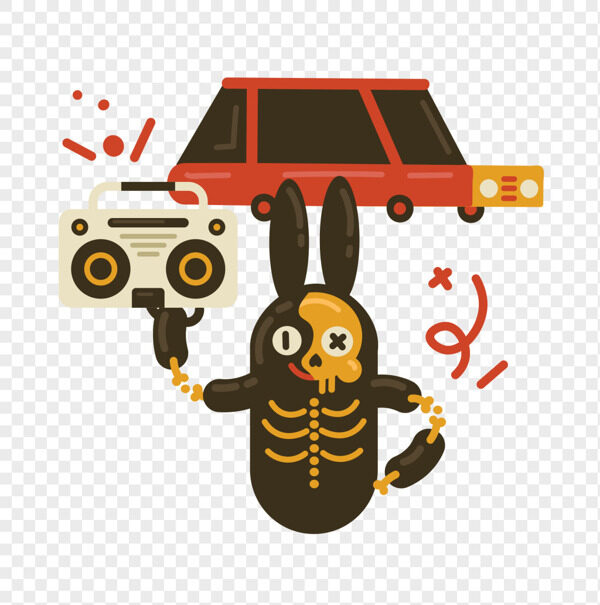 手绘抽象兔子放音响开小汽车场景插画
